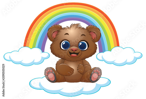 Cute Cartoon Baby Bear Sitting on Clouds with Colorful Rainbow