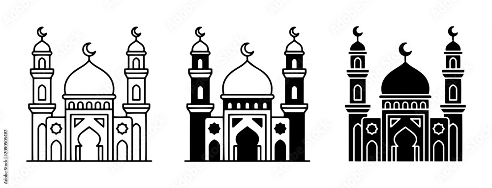 Fototapeta premium Islamic mosque icon set, 3 vector mosque building silhouettes, religious masjid symbols