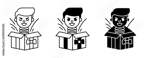 Foto Jack in the box toy icon set, surprise clown prank vector, 3 vintage spring toy