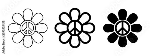 Foto Retro peace sign flower icons, hippie daisy floral symbols, 3 vector elements fo