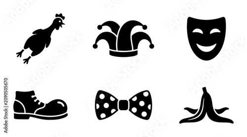 Foto April Fools Day comedy icons set, 6 black clown and prank vector elements, humor