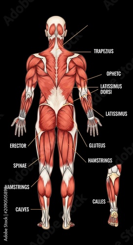 Human muscular system anatomy diagram with labels.