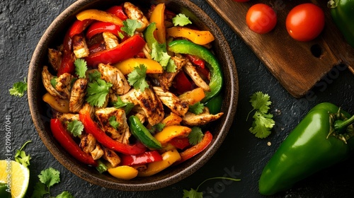 Delicious grilled chicken fajita with bell peppers and cilantro in a wooden bowl.