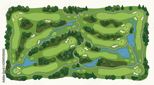 Golf course map vector illustration, aerial top view of green fairways and sand bunkers, professional country club landscape with water hazards