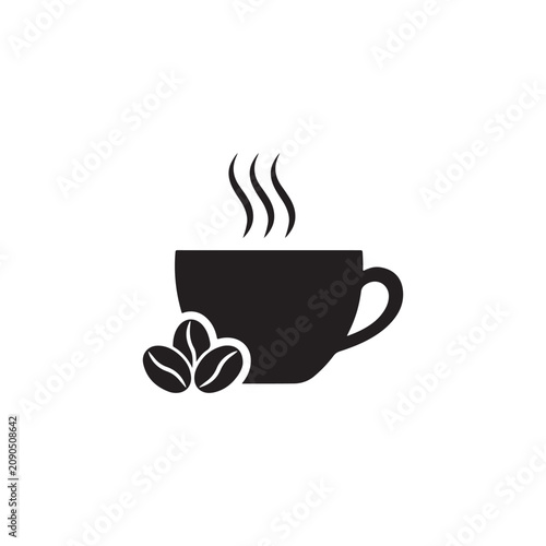 Minimalist black coffee cup icon with coffee beans and steam
