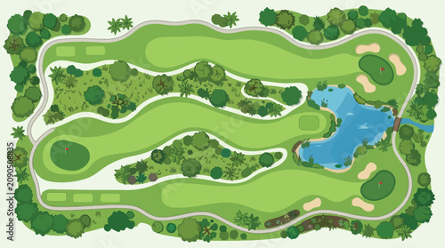 Golf course aerial map vector, top view landscape with green fairways and water hazard, professional golf club layout with sand bunkers and trees
