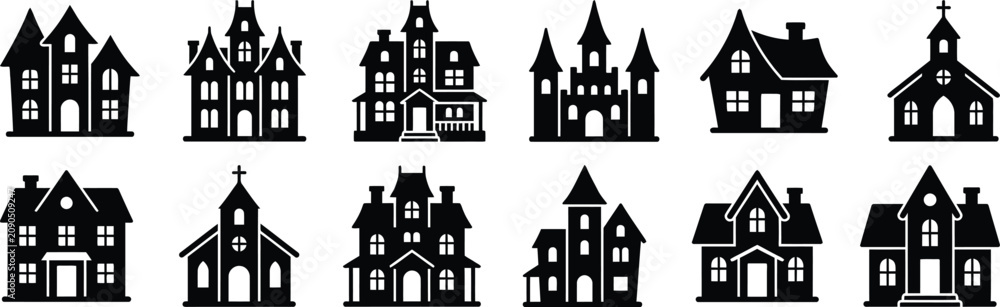 Fototapeta premium Halloween Haunted Mansion Silhouette Collection with Gothic Houses and Creepy Architecture Vector Bundle Isolated on Transparent background