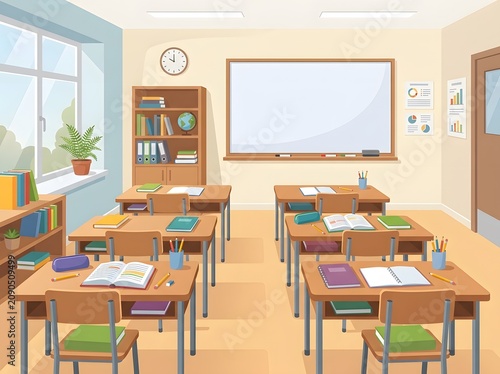 Students sit at desks in a classroom with a whiteboard and bookshelves