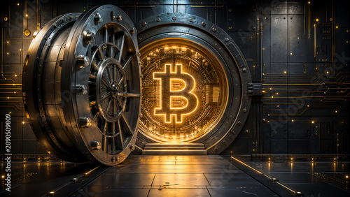 A futuristic vault featuring a glowing Bitcoin symbol, symbolizing digital currency security and advancement in finance.