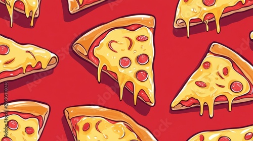Delicious pepperoni pizza slices with melted cheese on red background.