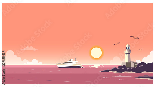 夕焼けの海とクルーザーと灯台の背景イラスト