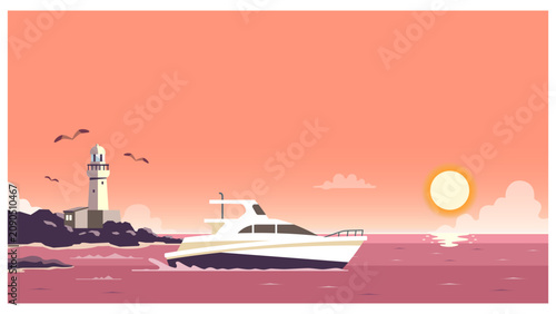 夕方の海を進むクルーザーと灯台の背景イラスト