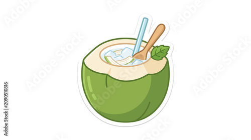 Tableau sur toile Refreshing Coconut Drink with Straw and Spoon, Tropical Beverage Illustration