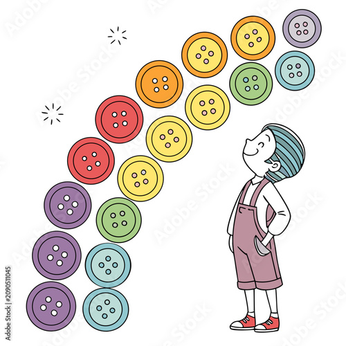 Of a child looking up at a colorful arch made of sewing buttons arranged in a rainbow pattern on a white background