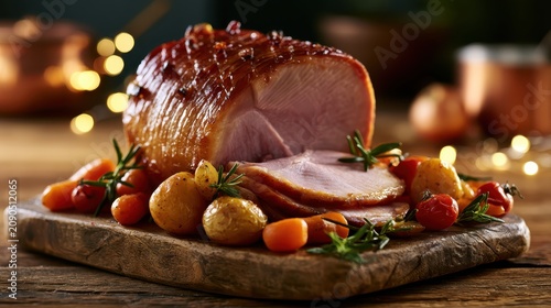 succulent glazed holiday ham served with roasted potatoes and cherry tomatoes on  wooden serving board