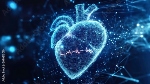 Digital rendering of a human heart with connecting lines and nodes, representing medical technology and healthcare.