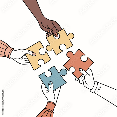 Four hands from different people holding four colorful jigsaw puzzle pieces together on a plain white background, flat