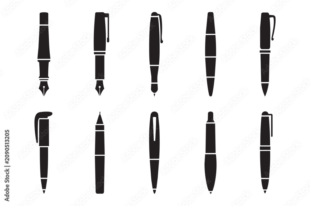 Fototapeta premium Set of black silhouette pens isolated on transparent background, writing tools. Ink pen and ballpoint pen vector icons. Writing tool collection, perfect for education and office supplies.