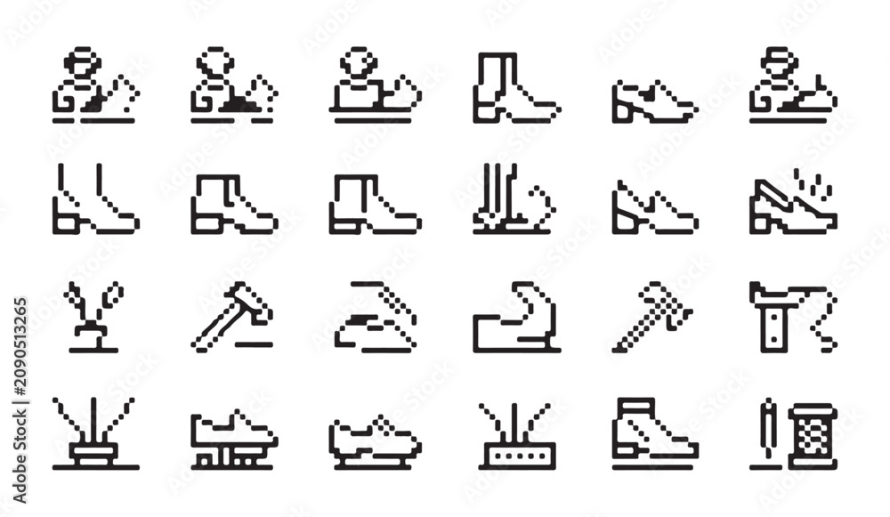 Fototapeta premium Shoemaker and repair tools pixel perfect linear icons for dark and light mode.