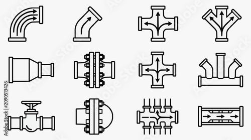 Fotografie Creative Black and White Line Drawing Set of Various Pipe Fittings and Valves wi