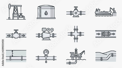 Bild auf Leinwand Elegant Monochromatic Line Icons Set Featuring Oil Gas and Pipeline Equipment wi