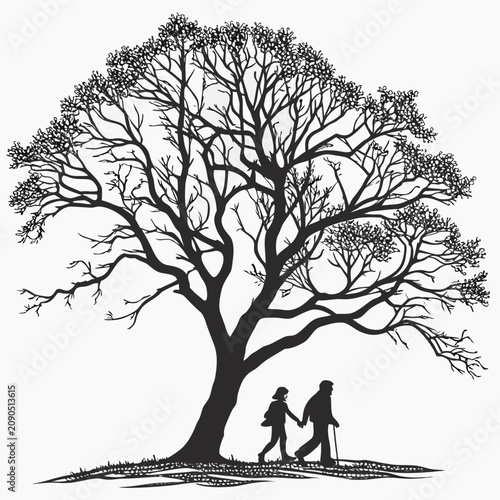 An elderly man with a cane and a young girl walk together under a large, bare tree in a flat black and white on white