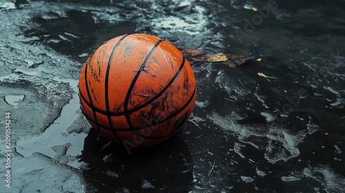 Dirty orange basketball sits in a puddle of water on a dark surface.