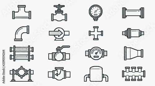 Photography Dynamic Collection of Black and White Line Icons for Plumbing and Valve Systems