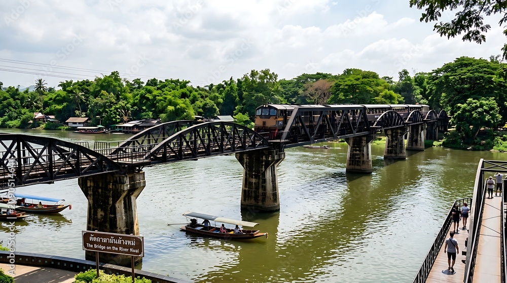 Fototapeta premium Historic Train Crossing Steel Bridge Over Tropical River
