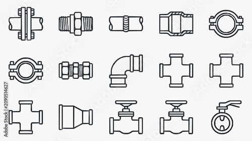 Tableau sur toile Industrial Black and White Line Drawing Collection of Various Pipe Fittings and