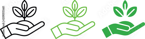 Hands holding small plant growing vector icon set