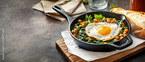 Fried egg with spinach and chickpeas in a cast iron skillet on a dark background with copy space