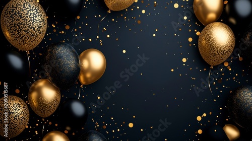 Elegant gold and black balloons with confetti on dark background.