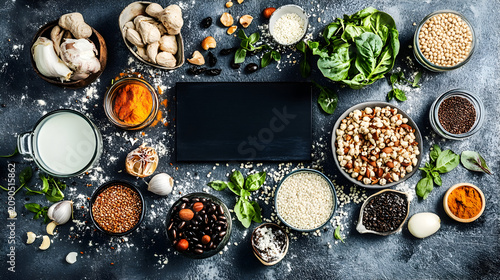 Blank black slate surrounded by healthy organic food ingredients nuts seeds and spices on a dark textured background