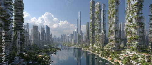 Futuristic Eco-Cityscape - Green Skyscrapers and River in a Sustainable Urban Environment.