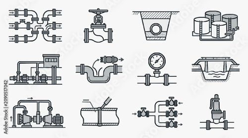 Tableau sur toile Sleek Black and White Line Drawing Set of Various Industrial Plumbing Fixtures a