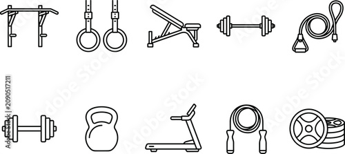 Foto Gym equipment collection a black and white line art depiction of various fitness