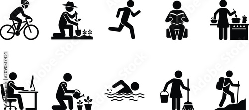 Foto Diverse human activities a collection of black silhouette icons depicting variou