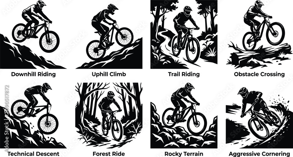 Obraz premium Collection of mountain biking action silhouettes featuring various riding styles and terrains in vector style