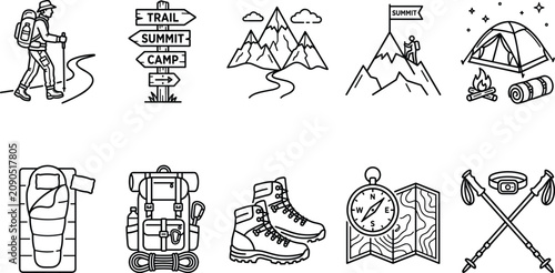 Hand drawn camping and hiking icons a collection of outdoor adventure elements in black and white
