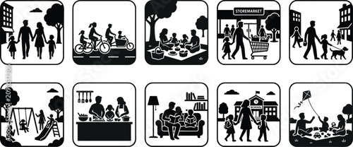 A collection of ten black and white illustrations depicting various everyday scenes with people and urban elements
