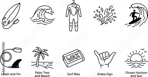 Black and white summer icons surfing beach lifestyle and tropical vacation elements collection