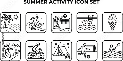 Summer activity icon set a collection of line art depicting popular seasonal pastimes and leisure activities