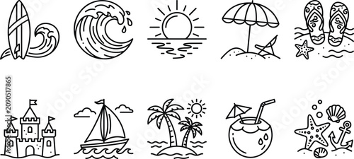 Charming beach icons a hand drawn collection depicting summer vacation and coastal leisure activities