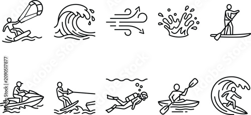 Water sports icons collection a black and white illustration of various aquatic activities and elements
