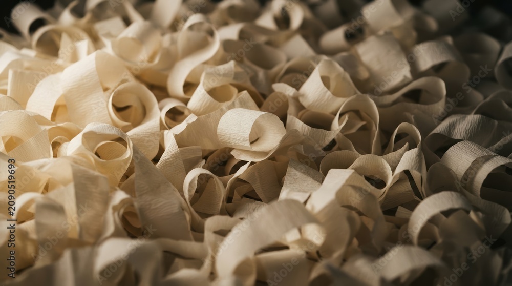 Fototapeta premium Pile of natural wood shavings and curls for carpentry background texture, rustic woodworking material for craft projects, eco friendly packaging filler and insulation