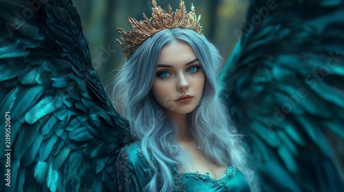 Fairytale queen with dark wings and golden crown in forest.