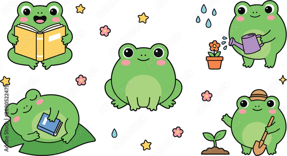 Fototapeta premium Cute cartoon frog characters vector set featuring green frogs reading sleeping gardening watering flowers and lily pad illustration