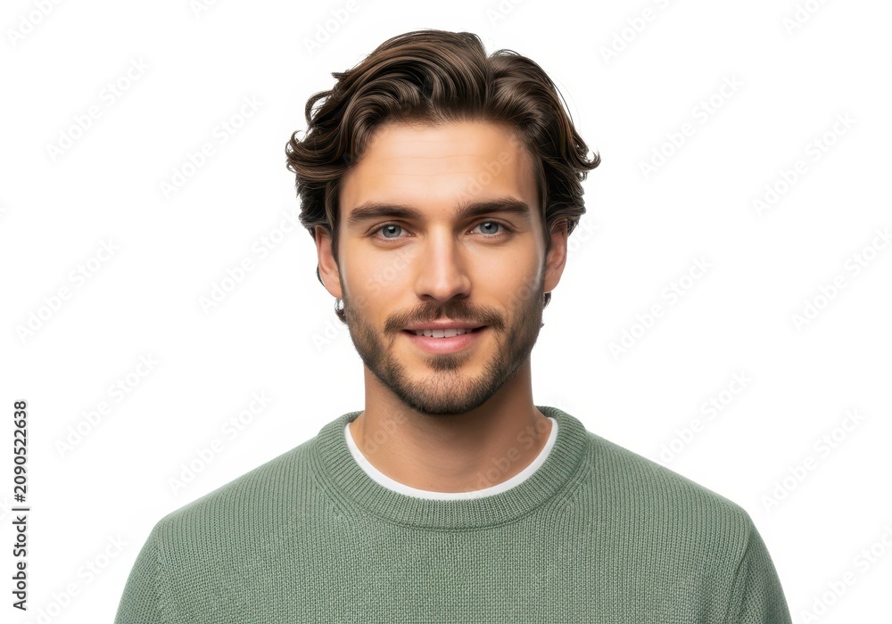 Fototapeta premium Portrait of a Handsome Young Man with Wavy Brown Hair and a Friendly Smile Isolated on White Background