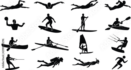 Bild auf Leinwand Water sports silhouettes collection featuring swimming surfing kayaking and diving for aquatic action